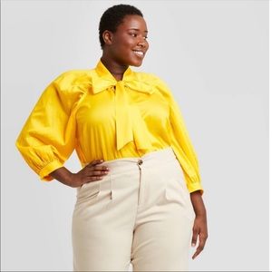 Yellow puffy sleeve bow blouse!